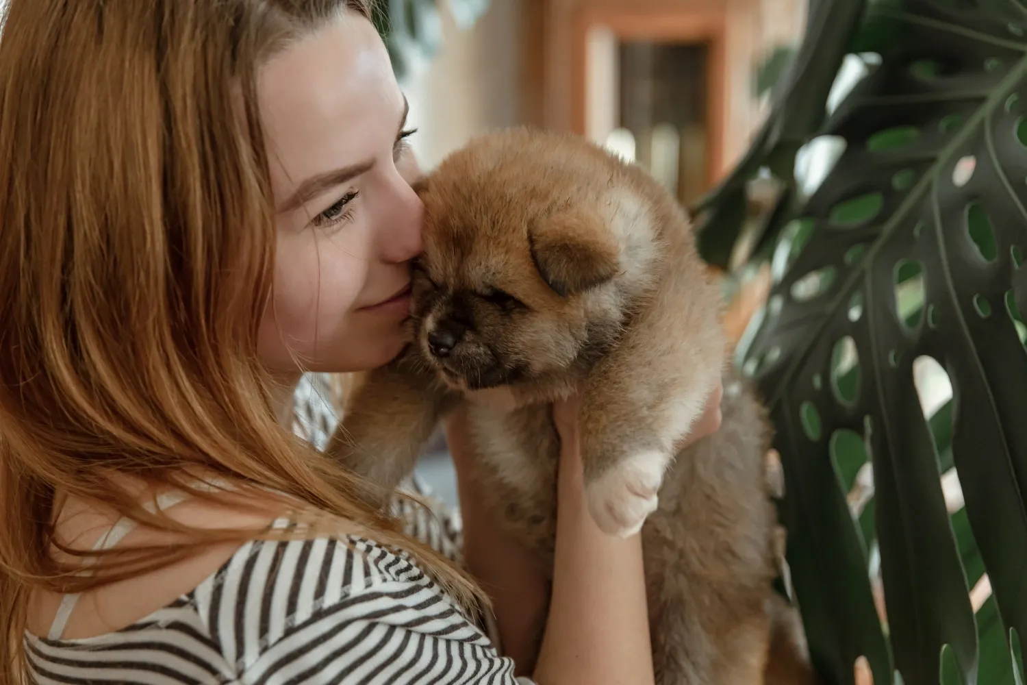 Žena s láskou tiskne k tváři chlupaté štěně.